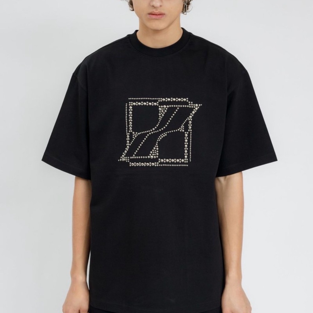Men's Black Short Sleeve Tee with Studded Logo Detail
